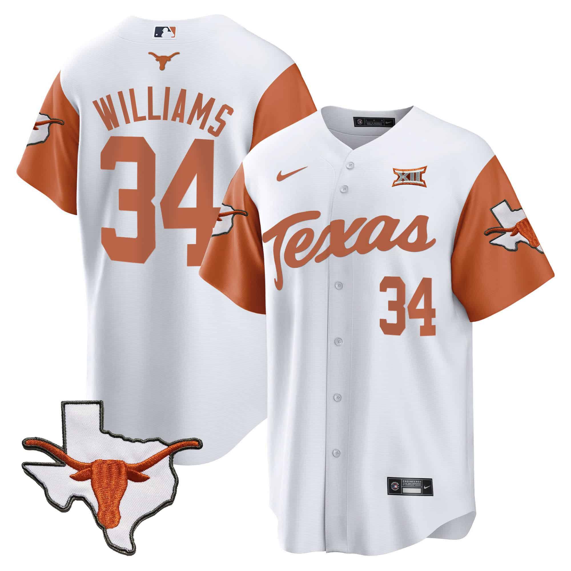 Men Texas Longhorns #34 Williams White 2024 Baseball NCAA Jersey style 1